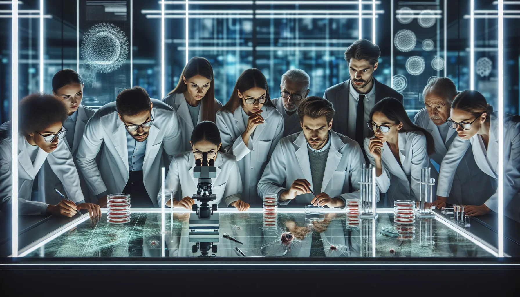 scientists studying pertostrums in a modern laboratory.