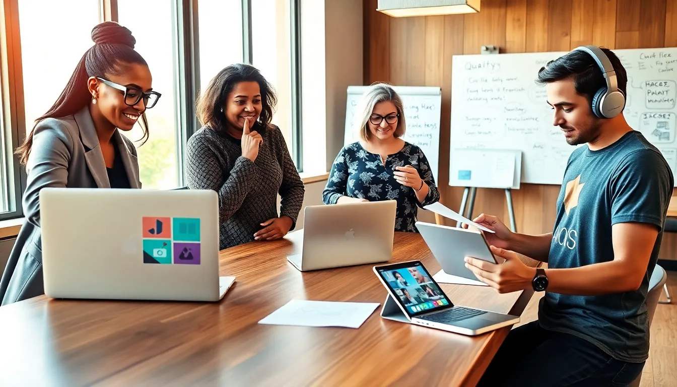 a diverse team collaborating in a modern workspace on creative content.