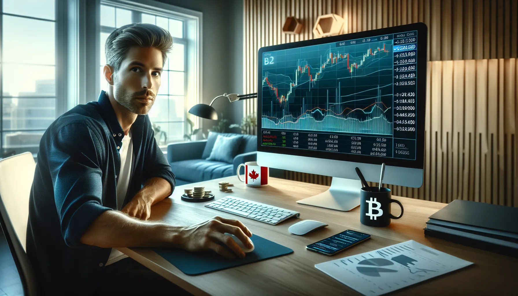 Investor viewing Bitcoin price charts in Canadian dollars on a trading screen.