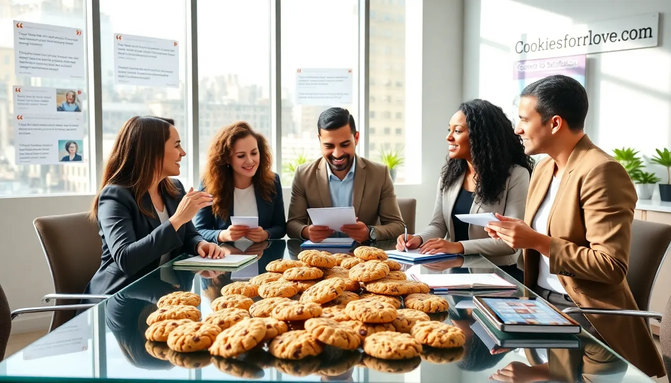 diverse team discussing cookies in a modern office setting.
