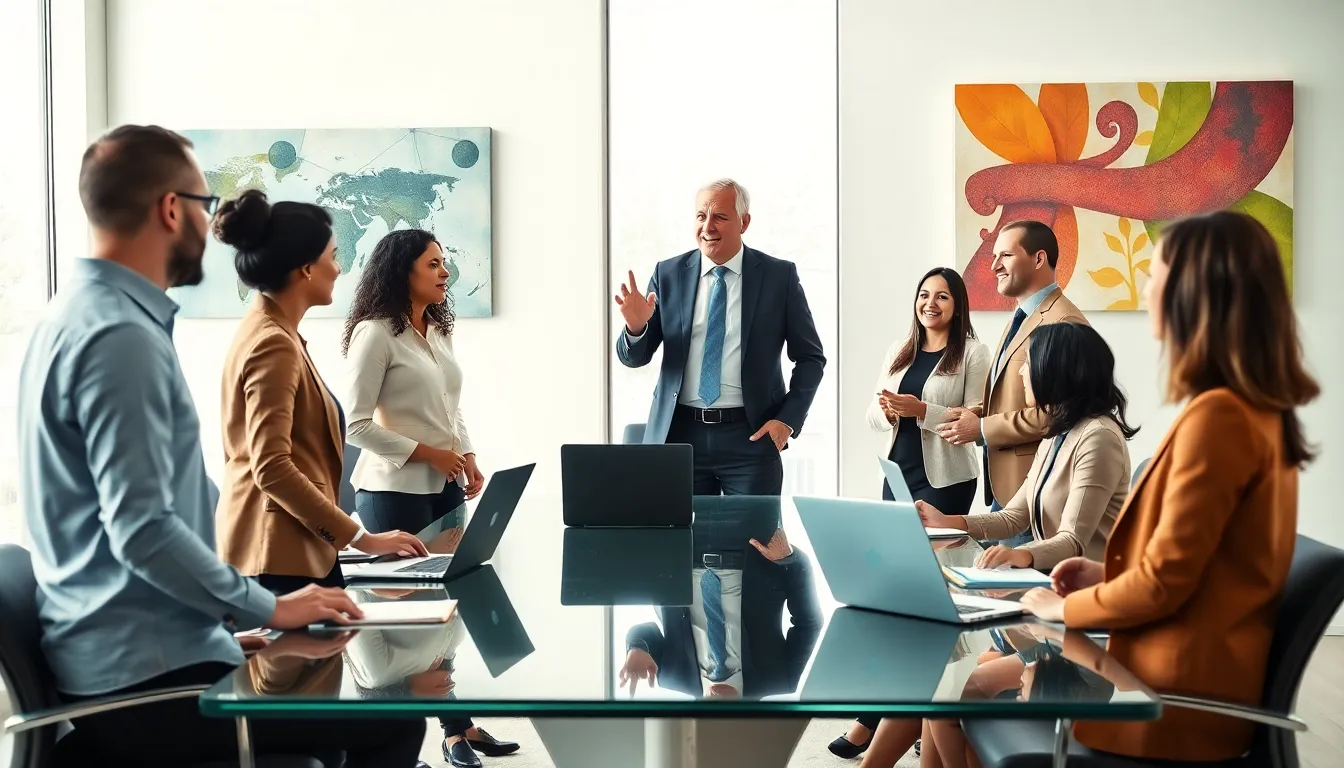 diverse professionals discussing ideas in a modern office.