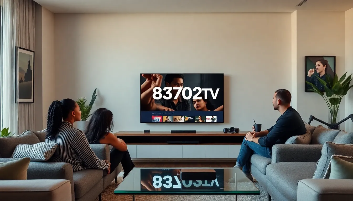 diverse viewers enjoying content on a modern TV in a stylish living room.