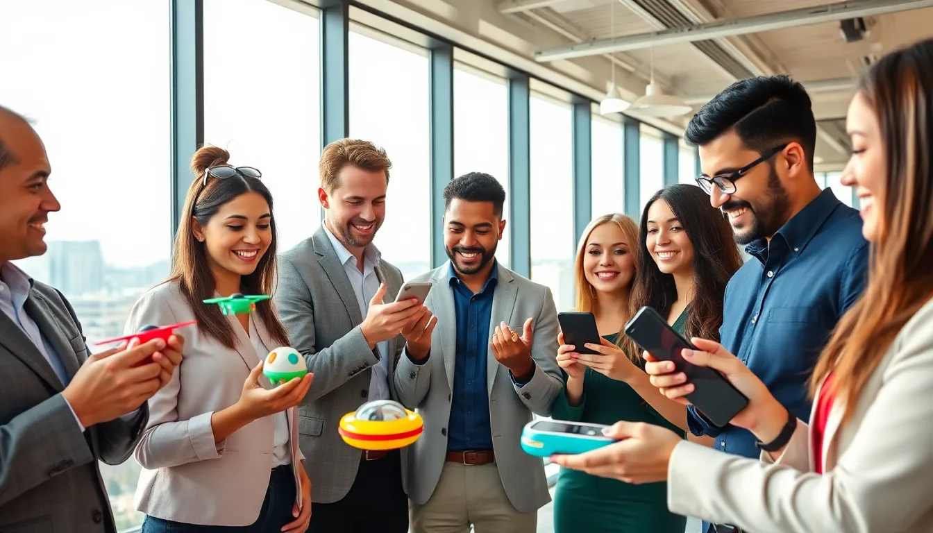 professionals exploring trendy fad gadgets in a modern office.