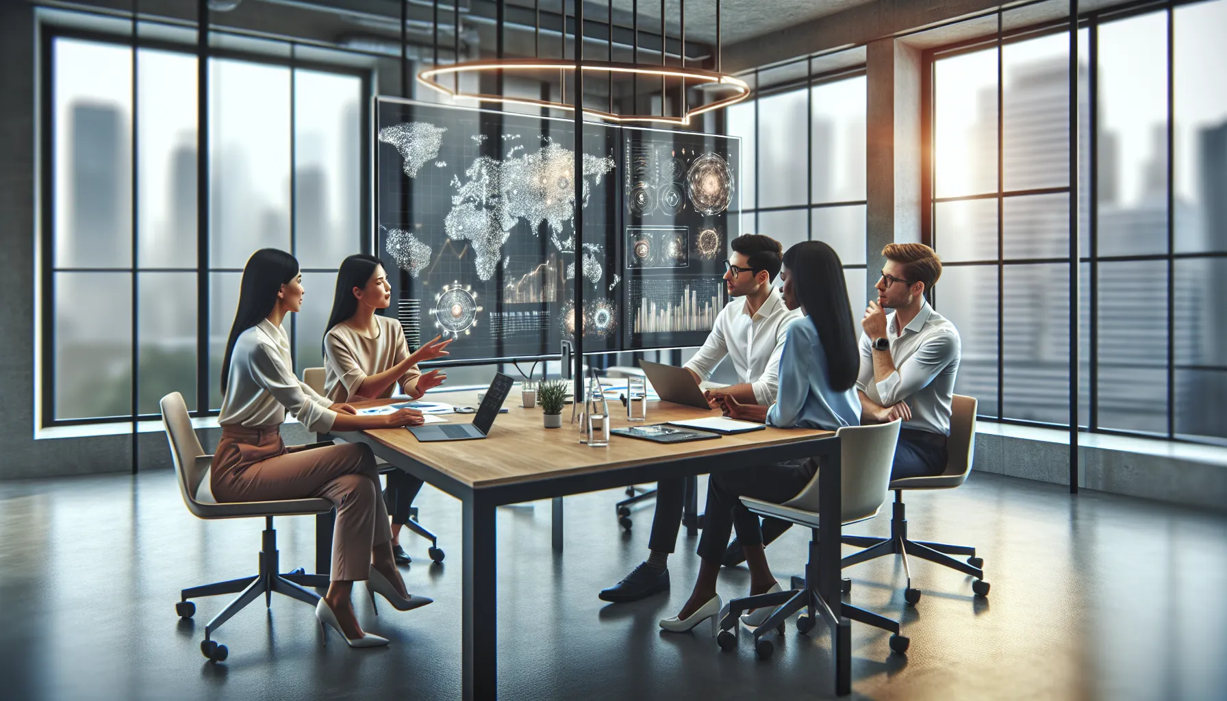 diverse team discussing future trends in a modern office.