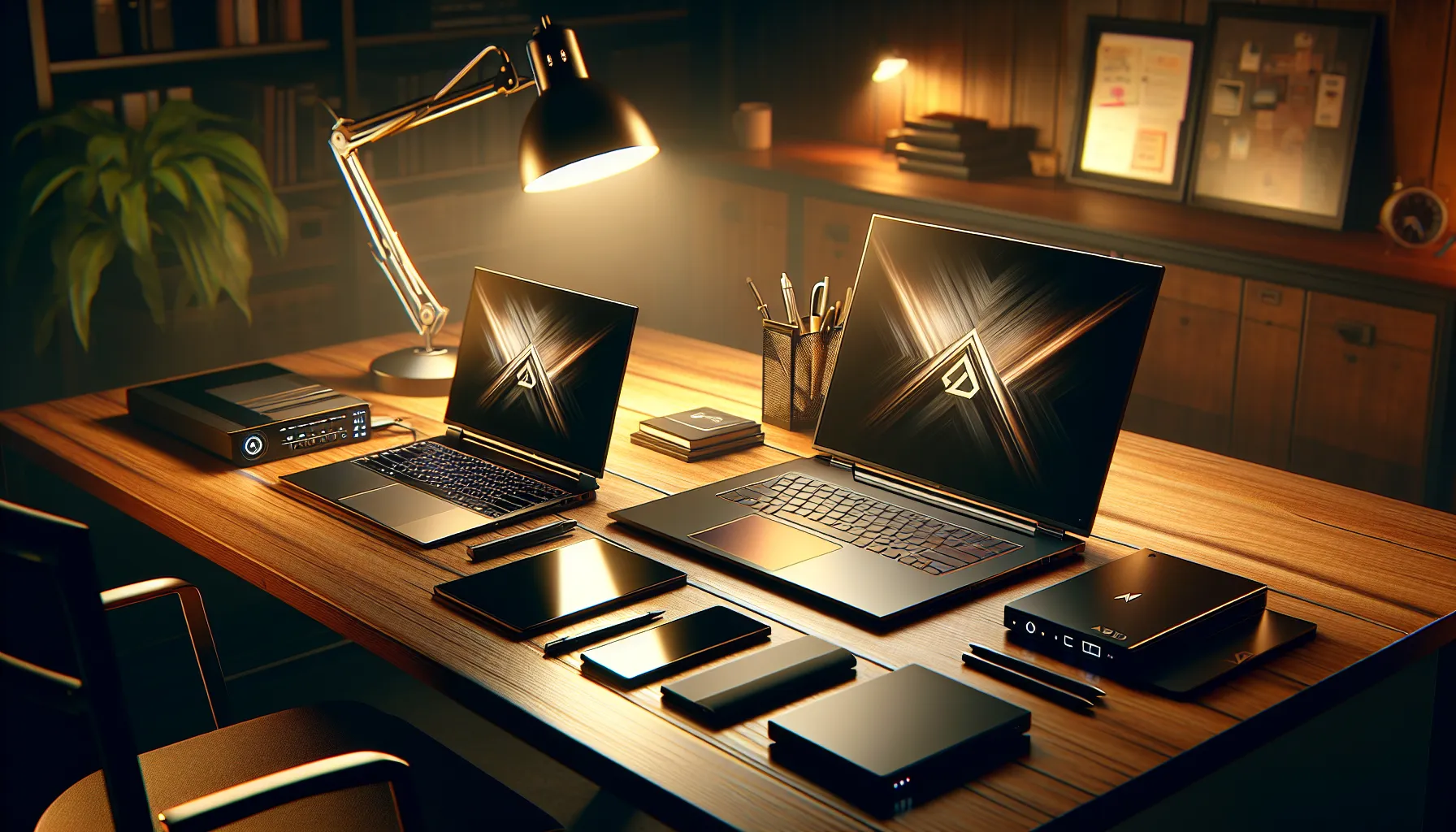 A desk displaying a Mac and PC laptop side by side in a modern office.