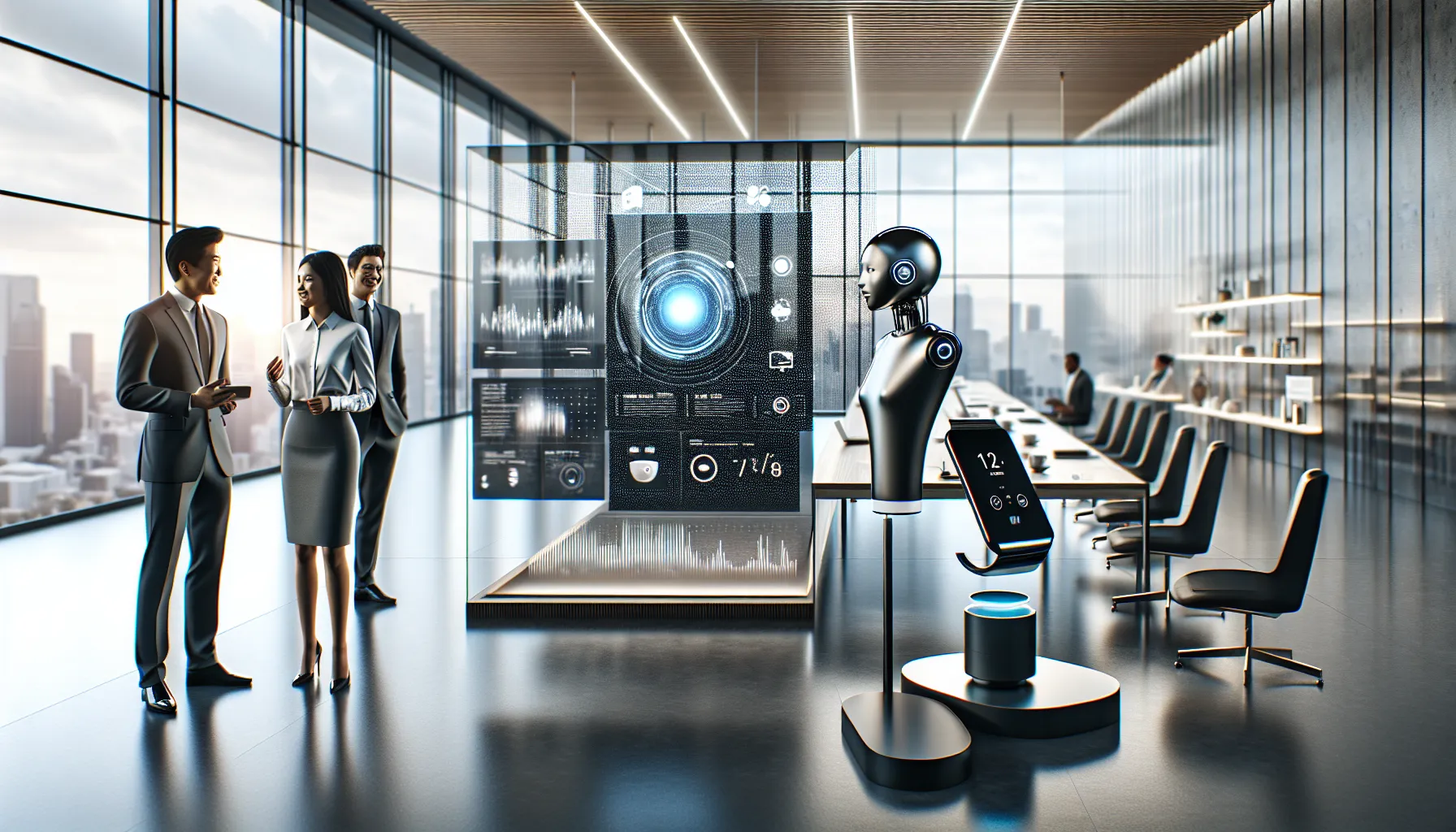 diverse team discussing Aliensync's latest tech innovations in a modern office.