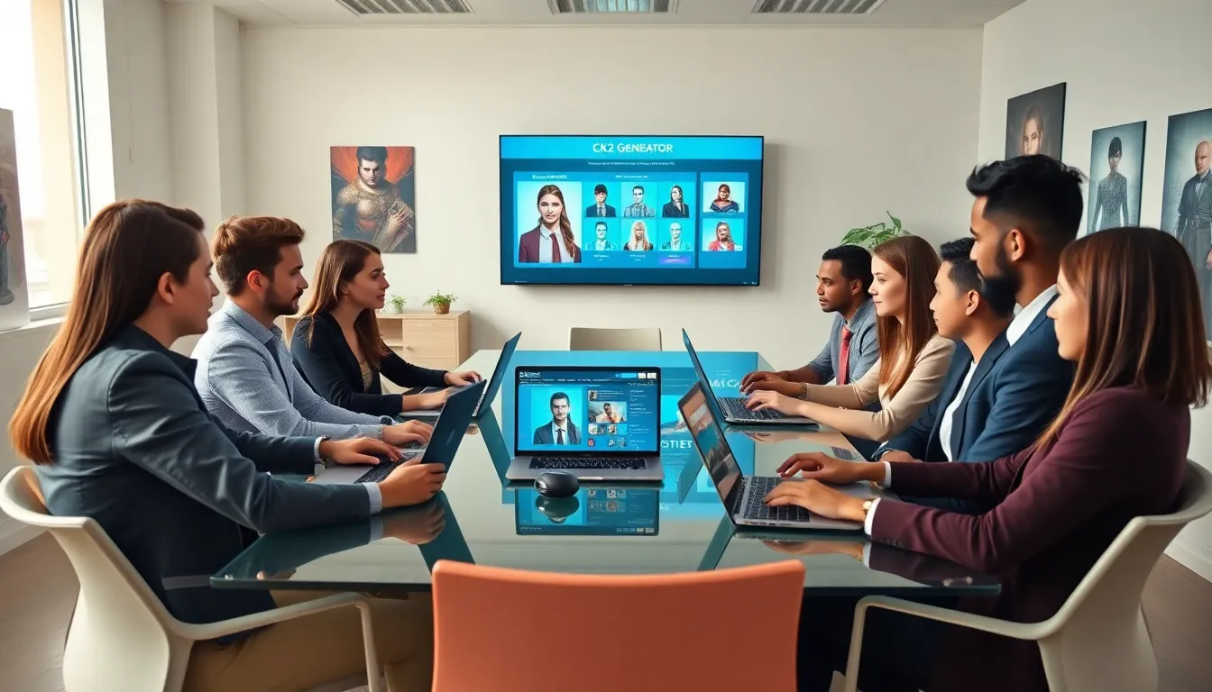 diverse team collaborating on CK2 Generator in a modern office.