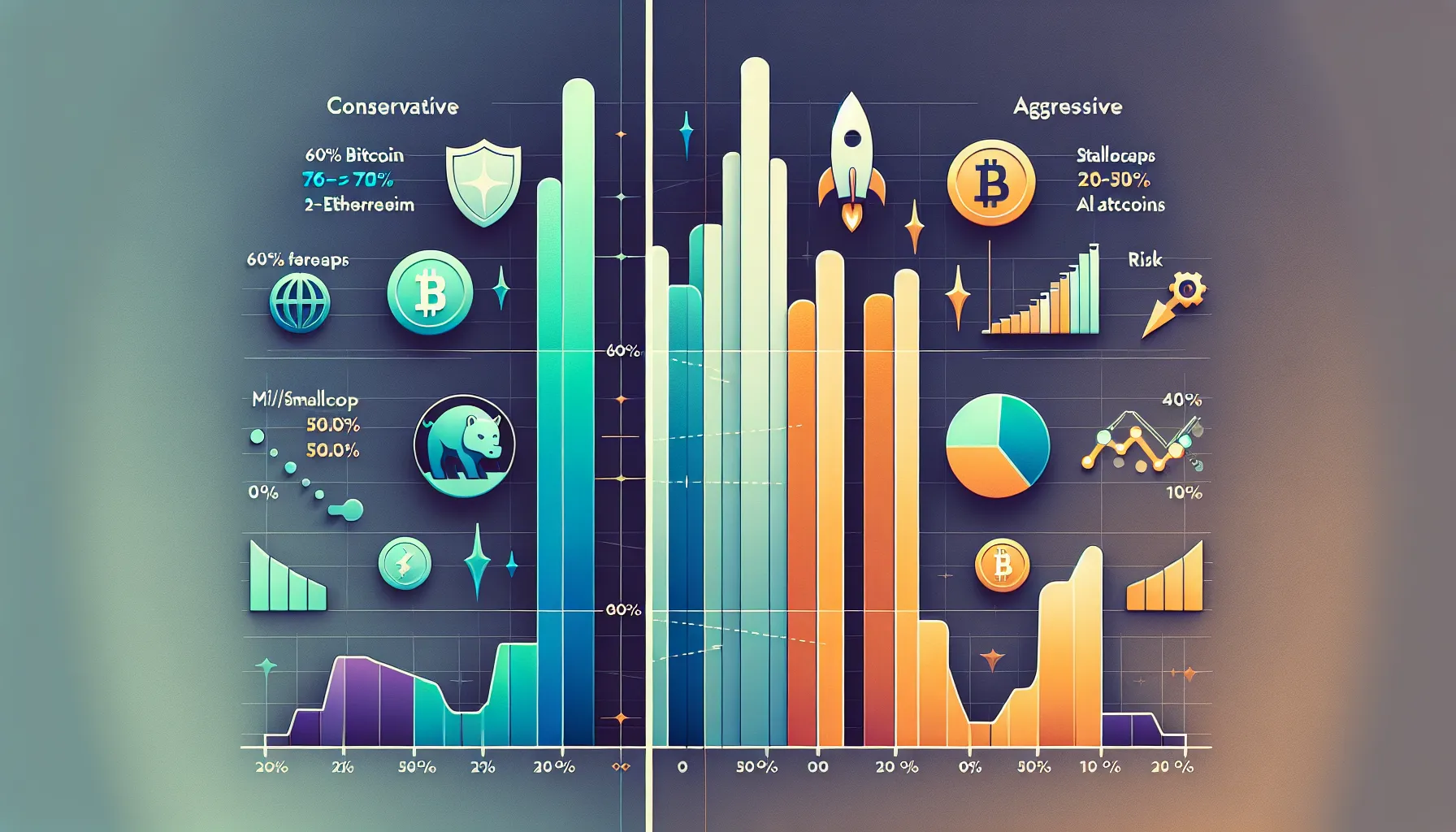 Comparison chart of conservative versus aggressive crypto portfolio allocations with percentage breakdowns.