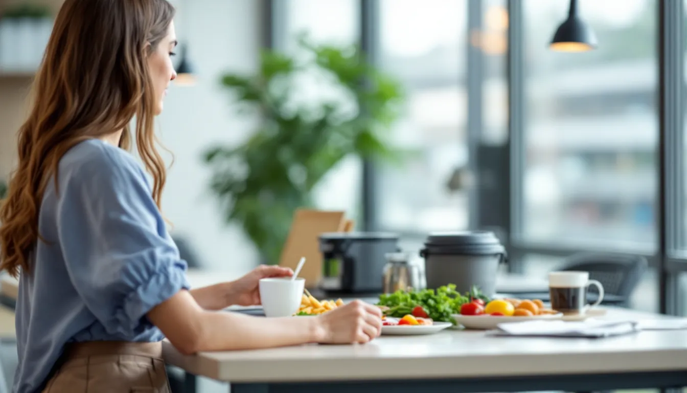 Woman eating a balanced, colorful lunch at her office desk in midday sunlight.