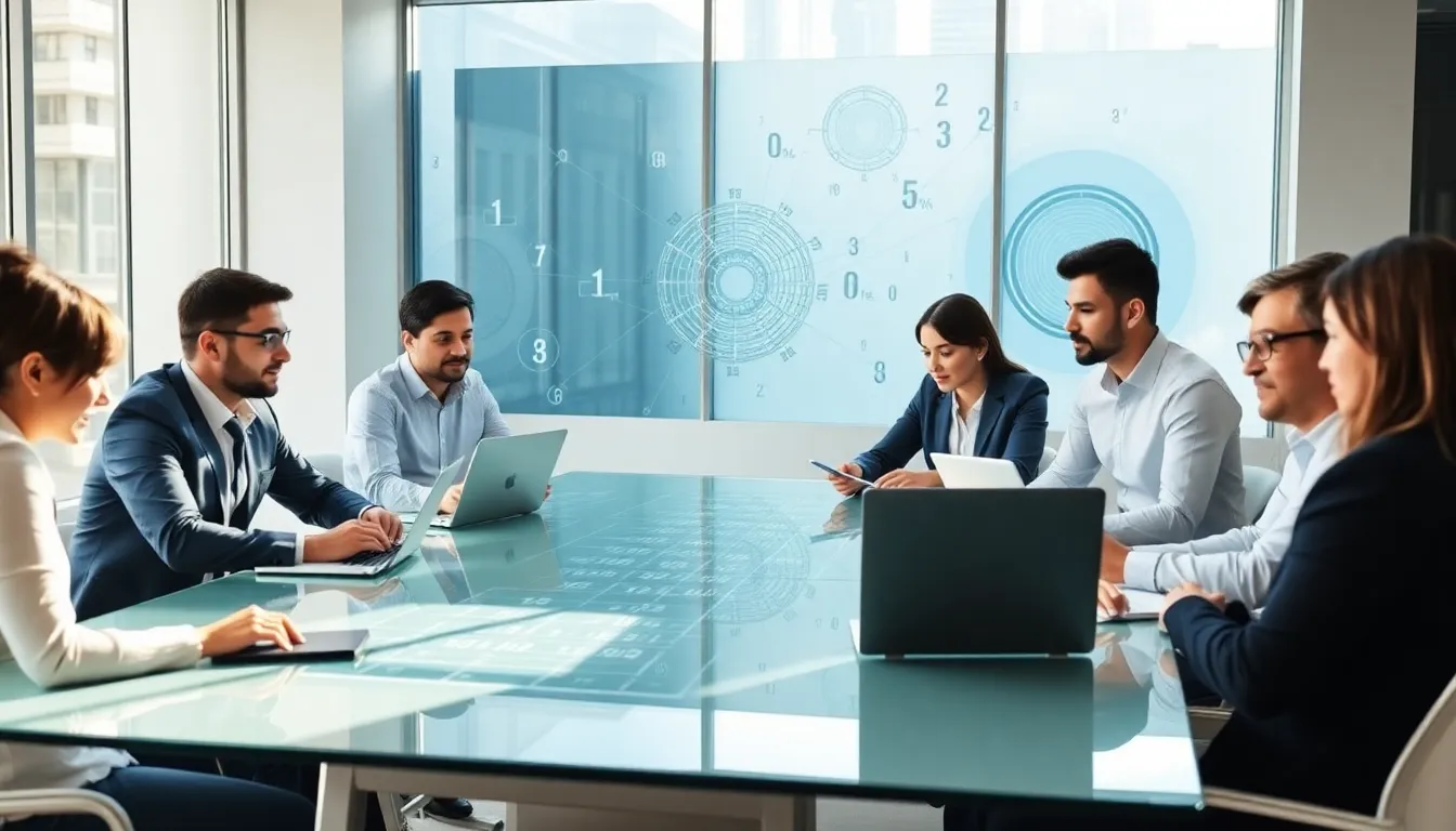 professionals discussing number sequences in a modern office setting.