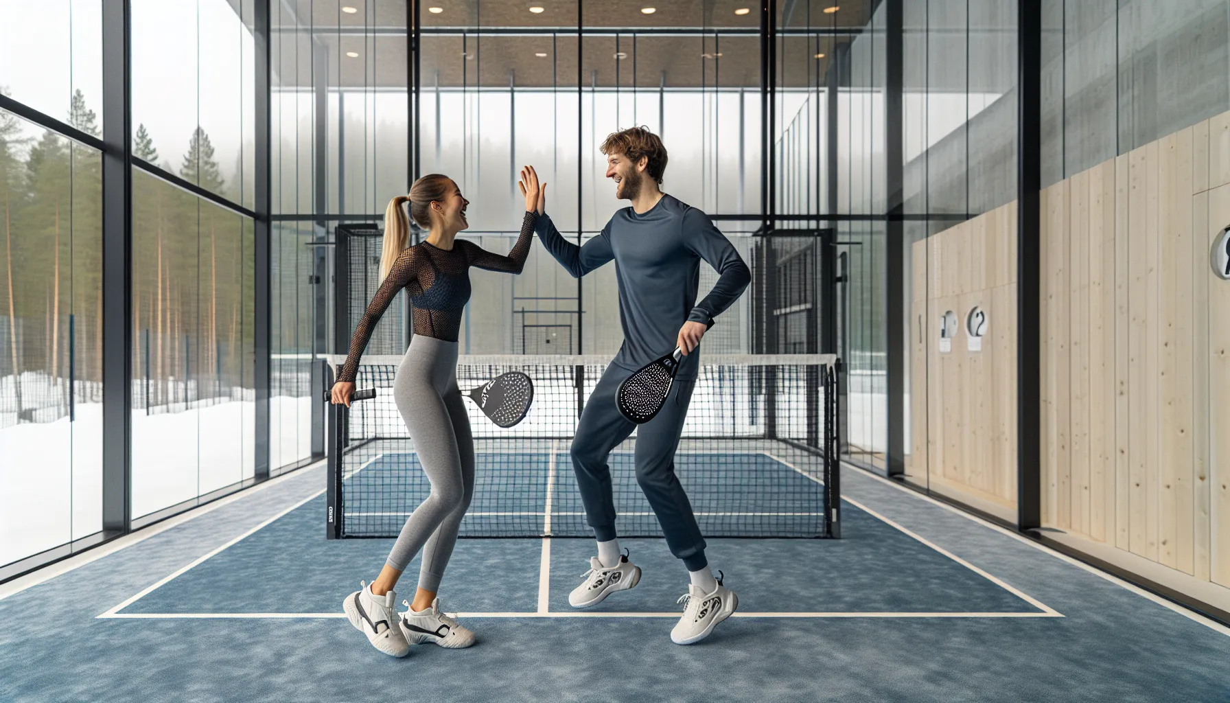 Norwegian couple high-fiving at a padel net on an indoor court.
