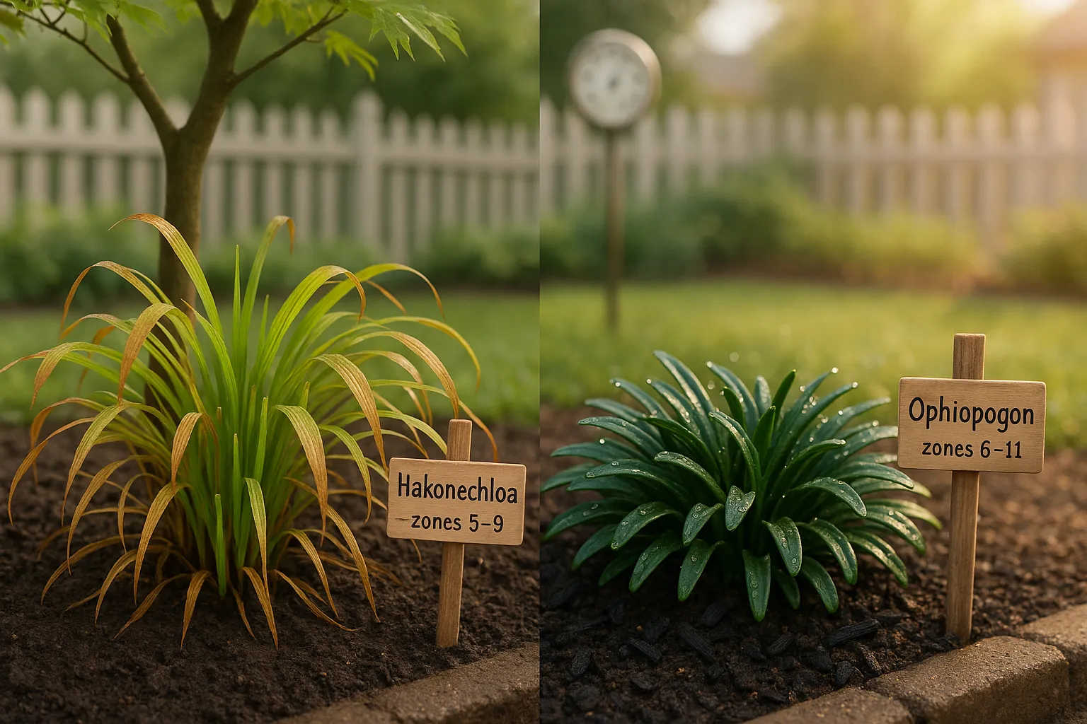 Side-by-side Hakonechloa with spring shoots and evergreen Ophiopogon in a garden bed.