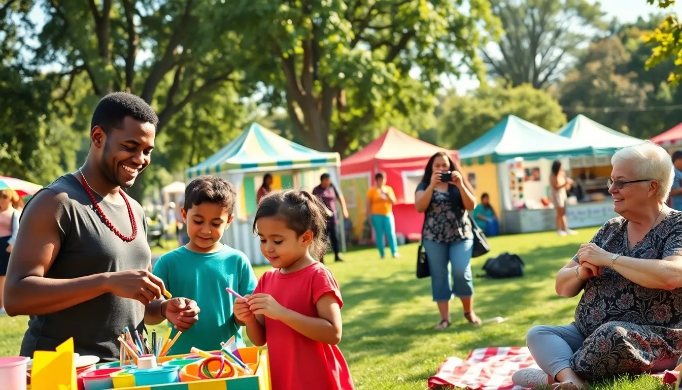 a vibrant community fair with families enjoying crafts and music.