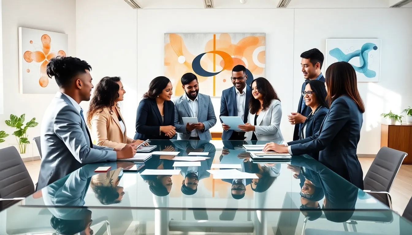diverse team collaborating in an innovative workspace.