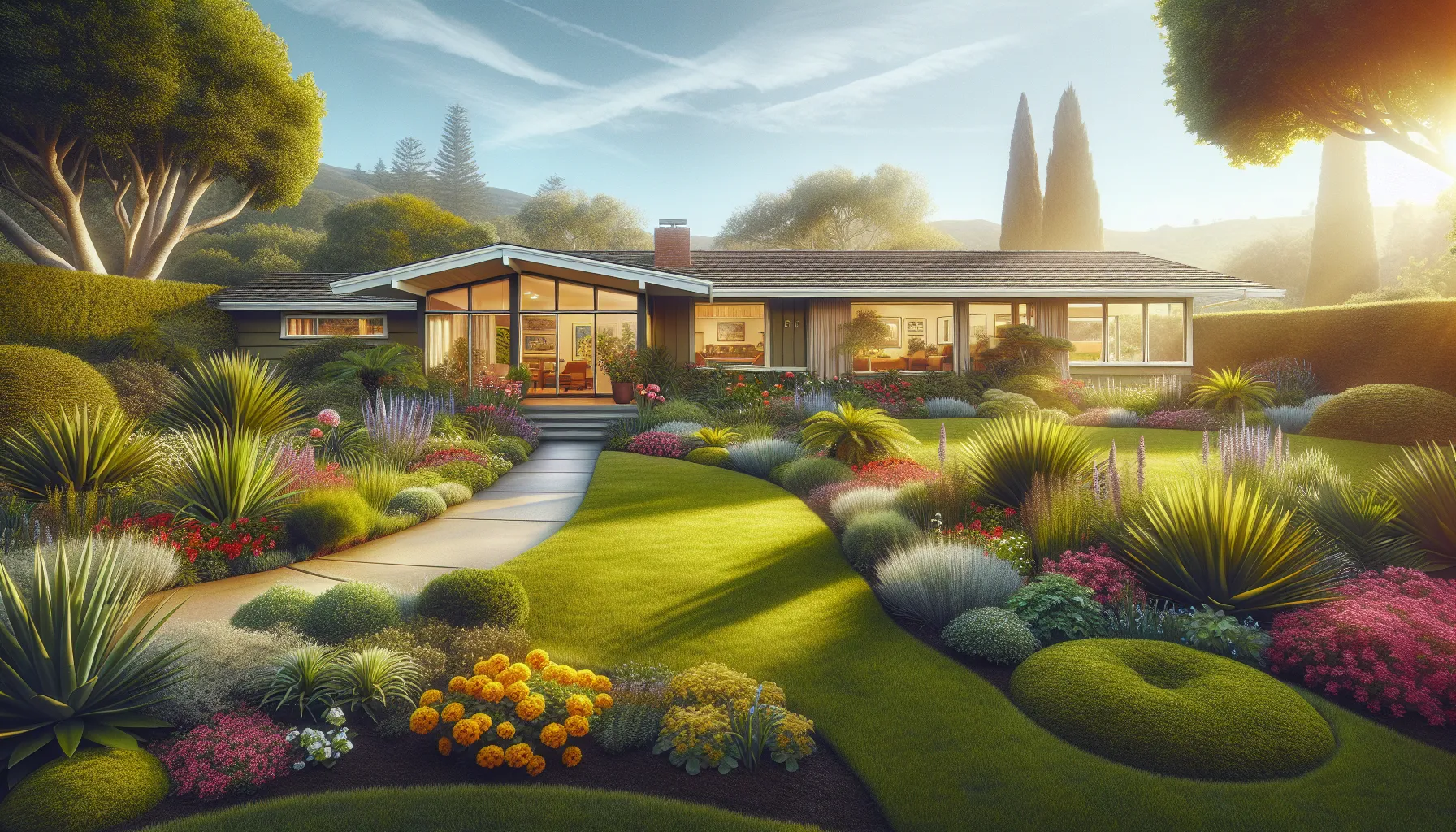 front yard landscaping around a ranch-style home.