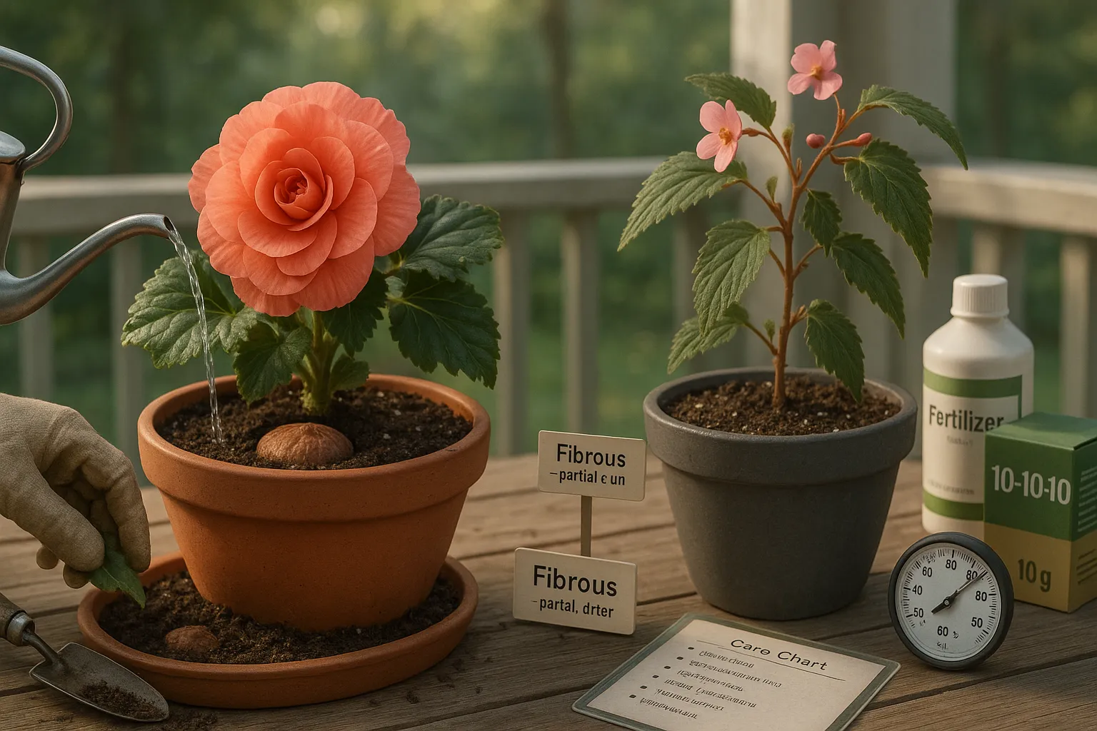 Two potted begonias side-by-side showing tuberous (moist, shallow) and fibrous (deeper, airier) care.