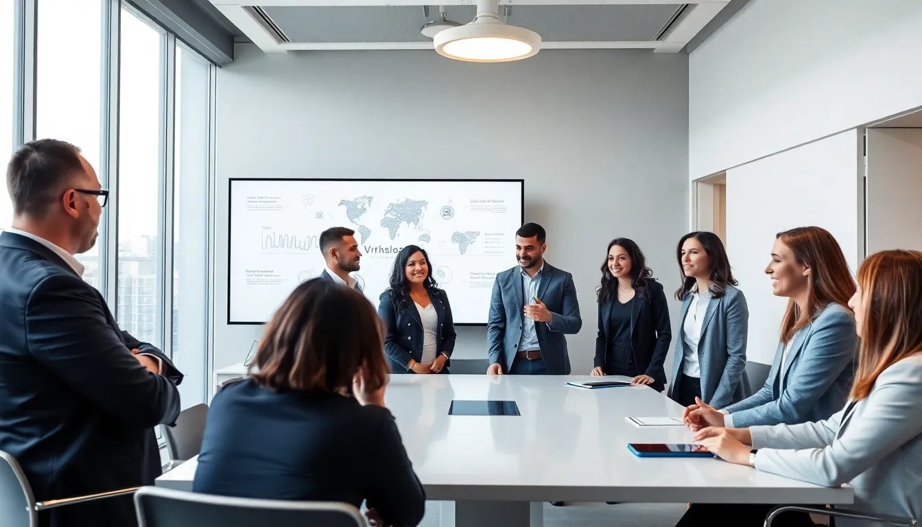 diverse professionals discussing Vrhslena in a modern office.