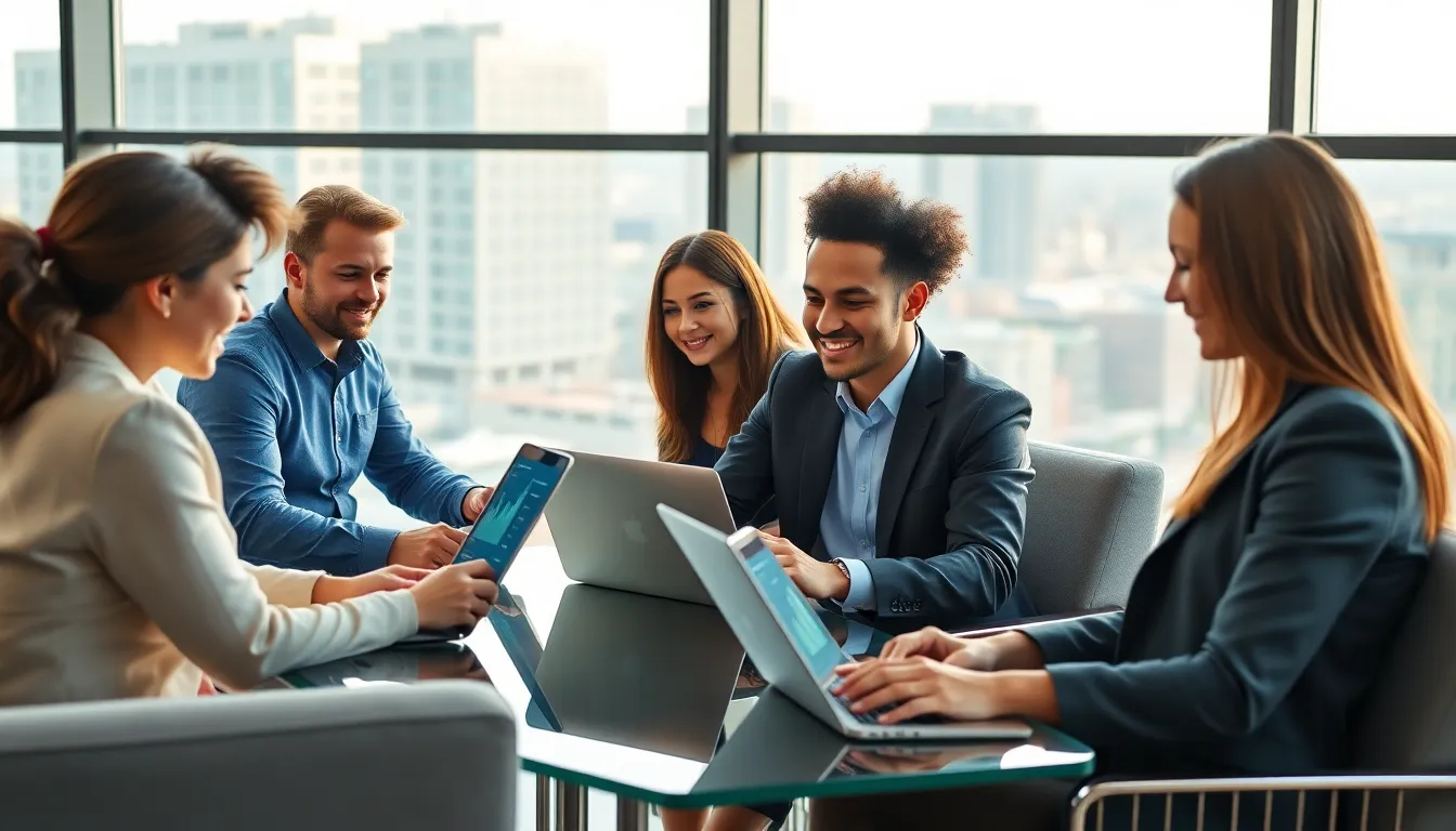 diverse fintech professionals collaborating remotely in a modern office.