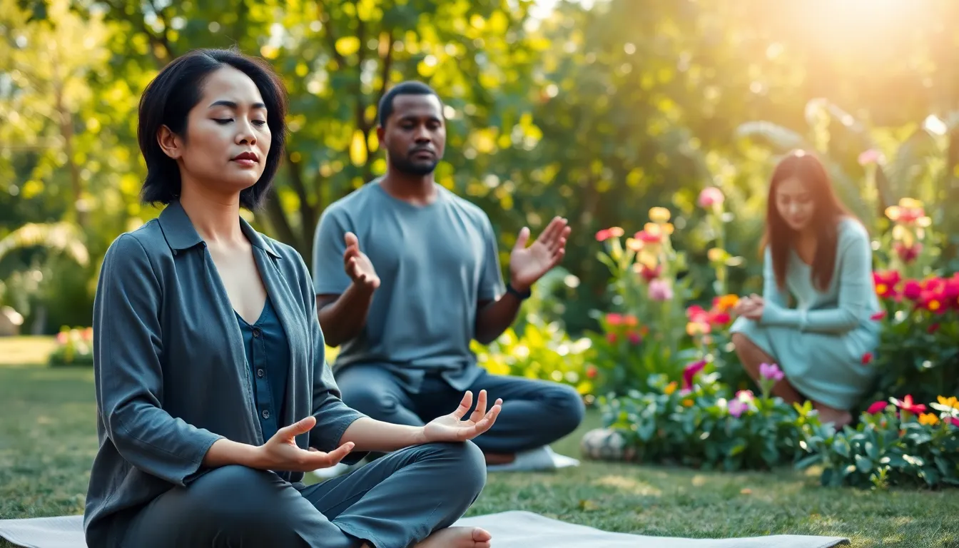 diverse individuals practicing mindfulness in a serene garden setting.