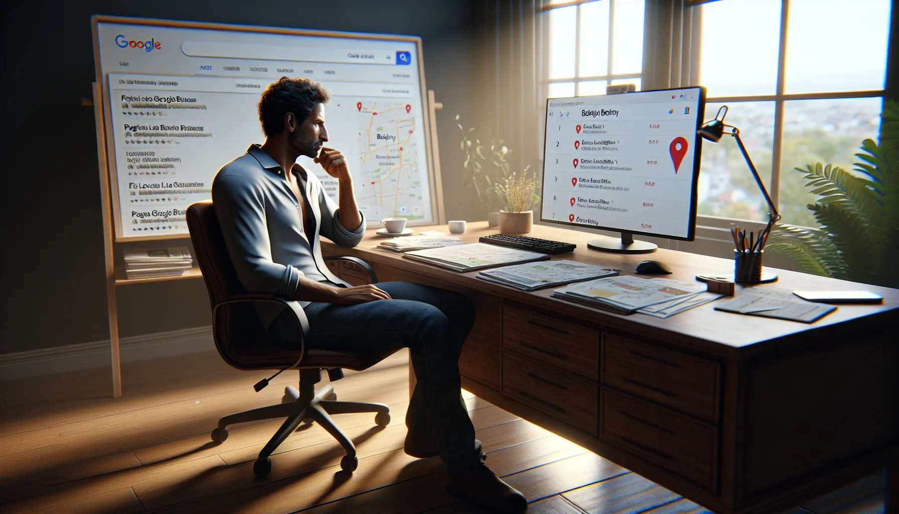 Small business owner in Bobigny studying Google local search results on a computer.