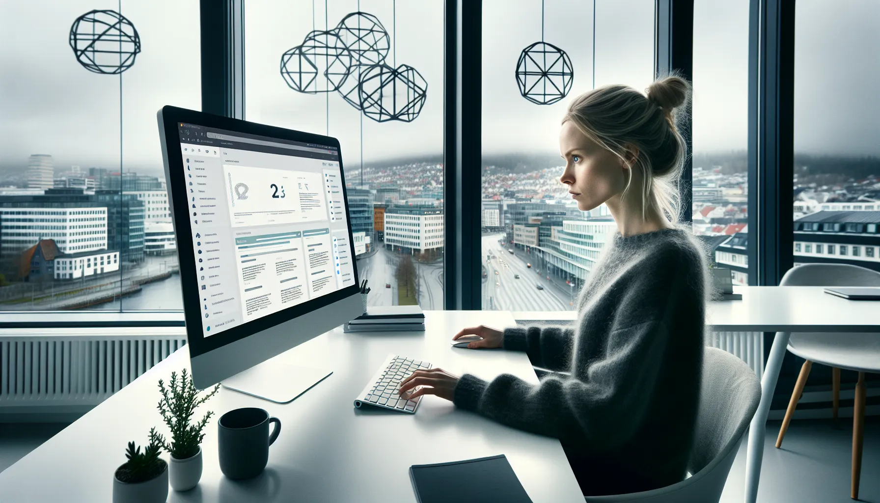 Norwegian marketer optimizing website content and structure for on-page seo in an office.