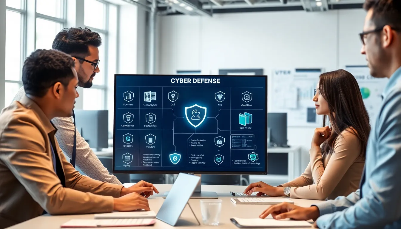 diverse team discussing cyber help tech solutions in a modern office.