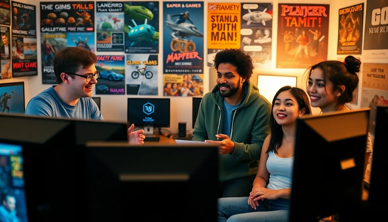 A diverse group of users discussing technology in a vibrant digital room.