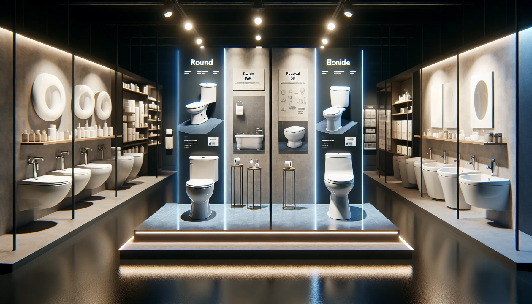 Two toilets, one round and one elongated, showcased side by side in a store setup.