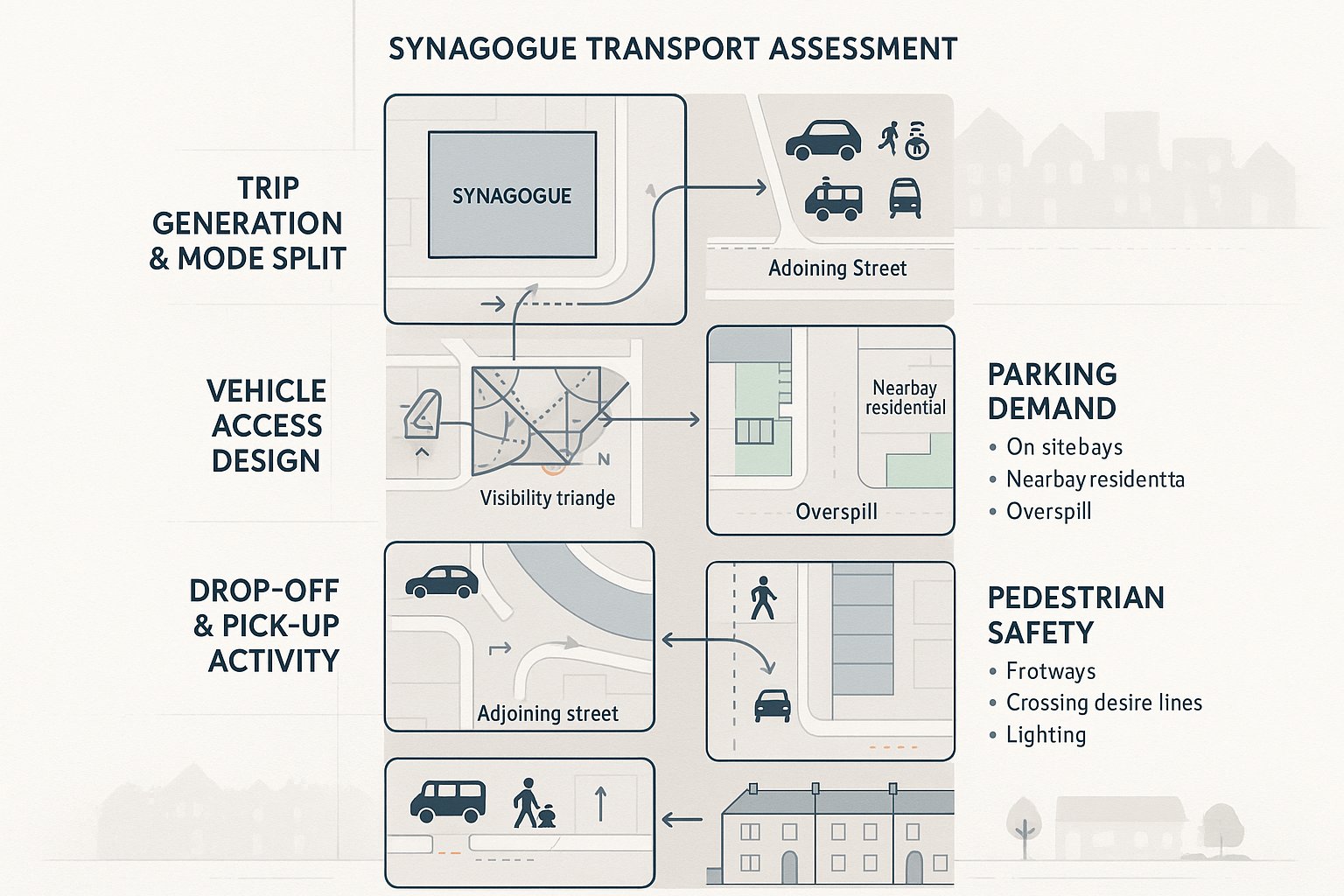Infographic of synagogue transport assessment issues including access, parking, drop-off, and walking safety.