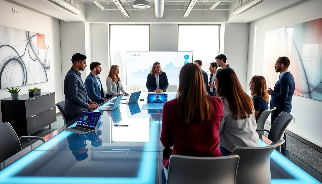 diverse team collaborating in a modern tech office.