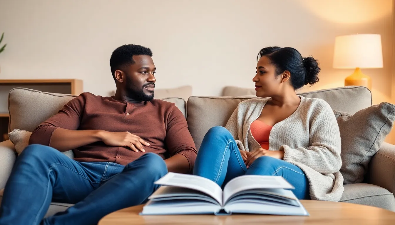 couple discussing relationship advice in a cozy living room.