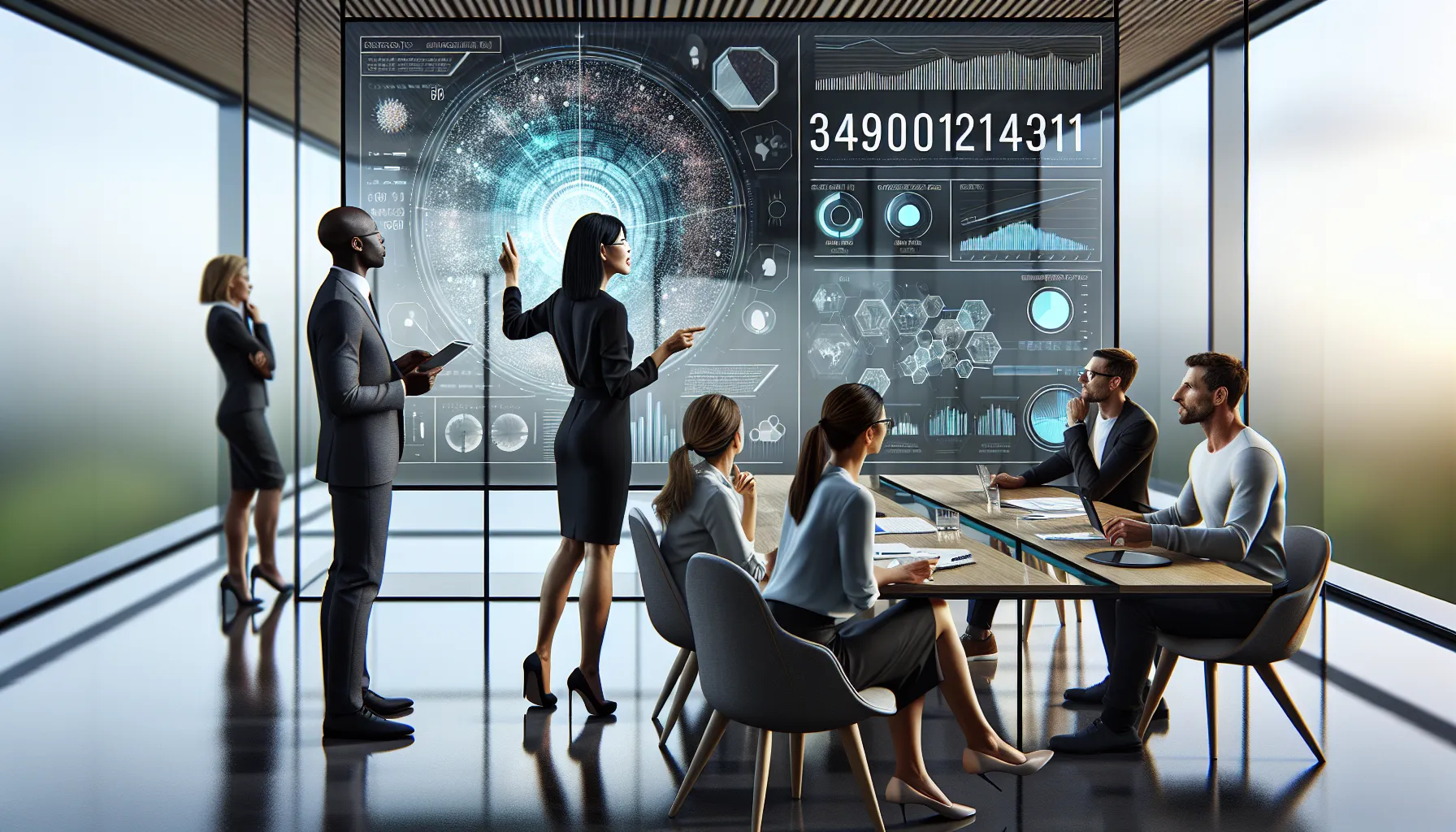 diverse professionals discussing the concept of the number 3491012491 in an office.