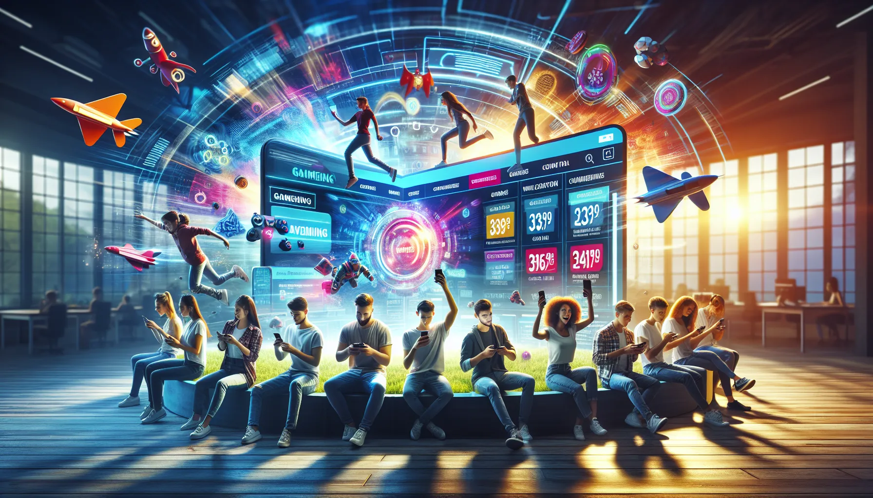 MyWirelessCoupons.com Games: Unleashing Fun While Saving Big 8 diverse group enjoying gaming and couponing at modern workspace.