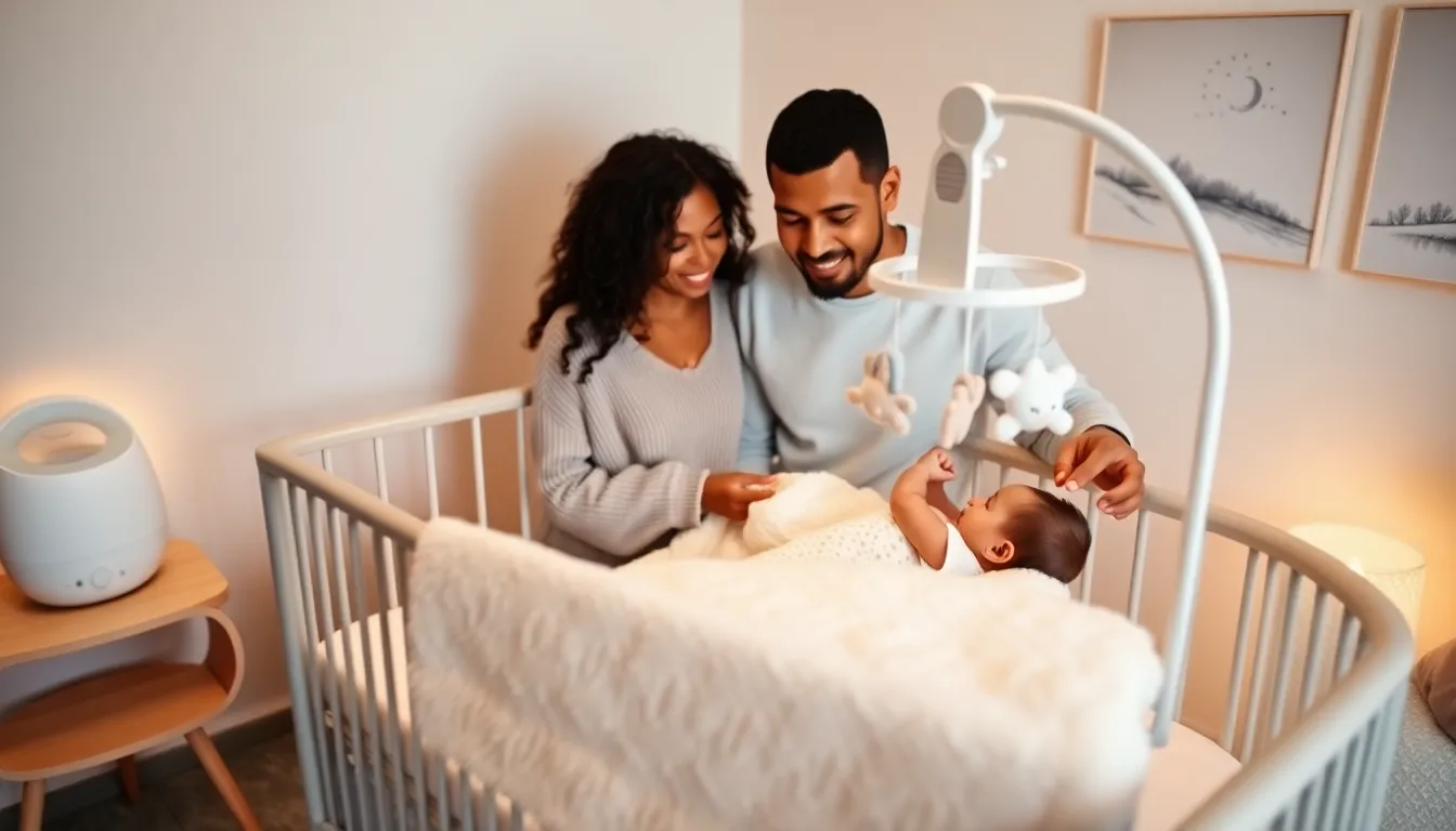 modern nursery with parents engaging soothing sounds for babies.