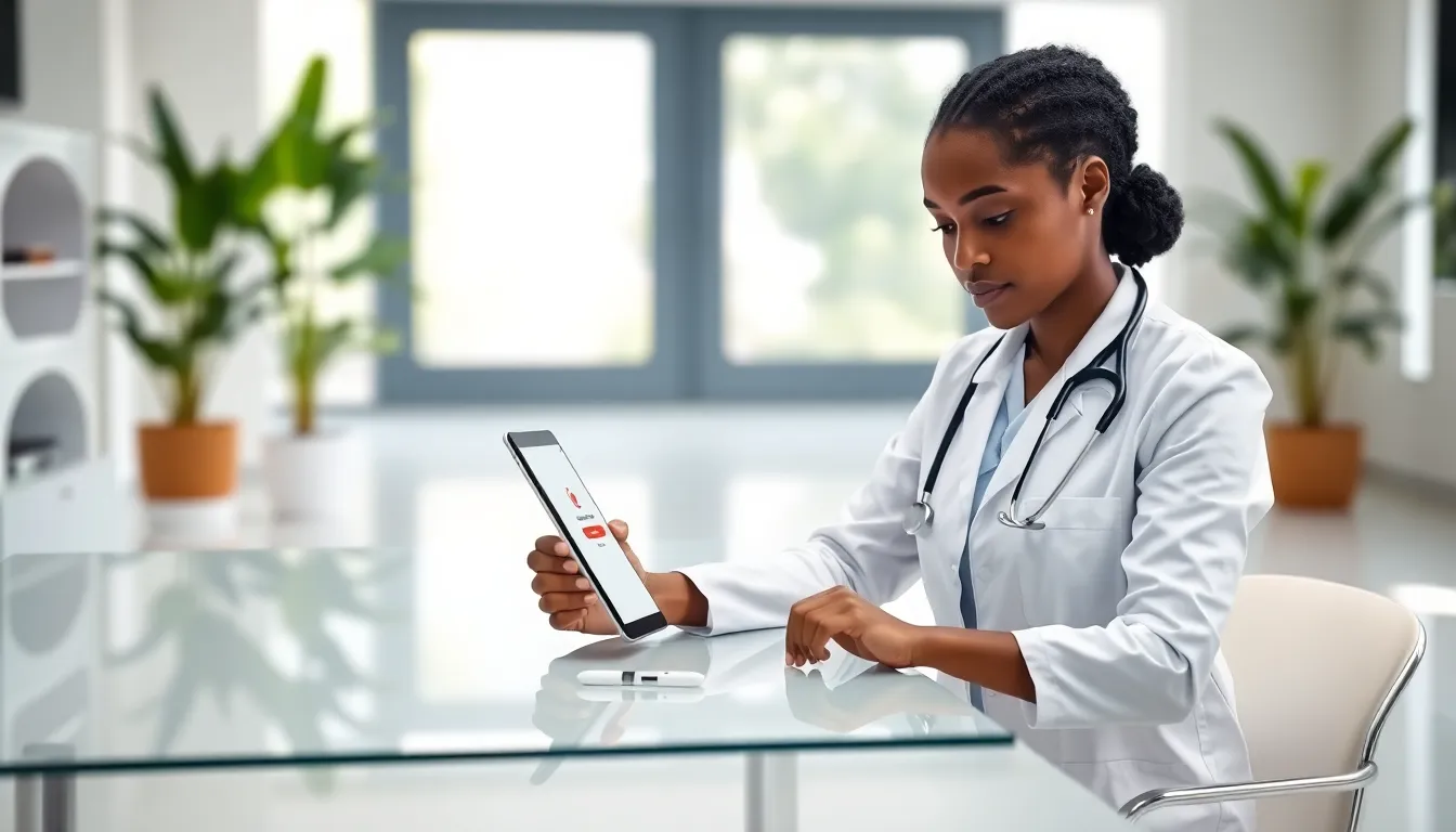 healthcare professional accessing Likhitha Softmed.in on a tablet in a modern clinic.