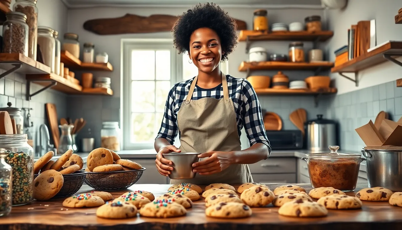 a baker creating cookies in a warm, inviting kitchen.