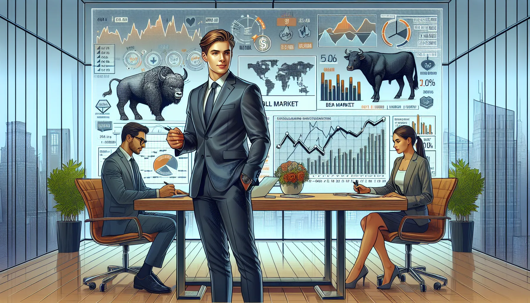 An advisor explains bull and bear market strategies to clients in an office setting.
