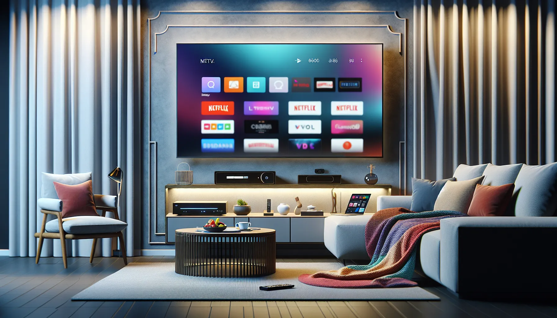 A modern living room with a smart TV showing streaming platforms and cozy furnishings.