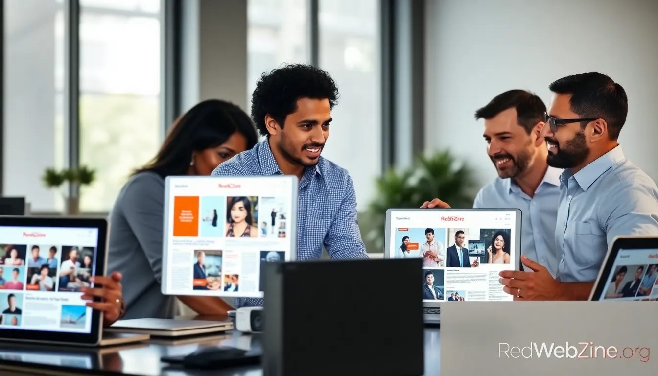 diverse team collaborating in a modern office on digital magazine content.