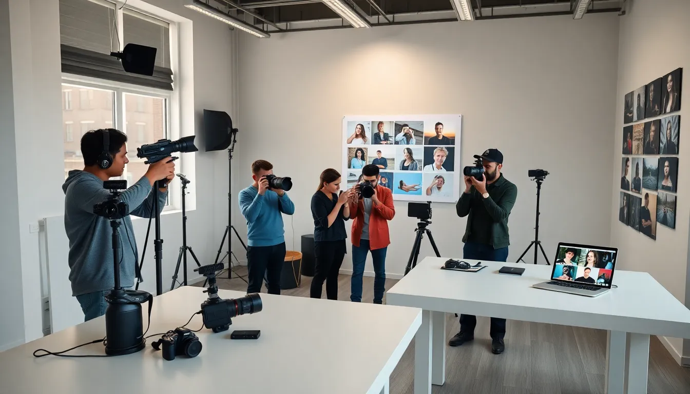 diverse photographers collaborating in a modern studio setting.