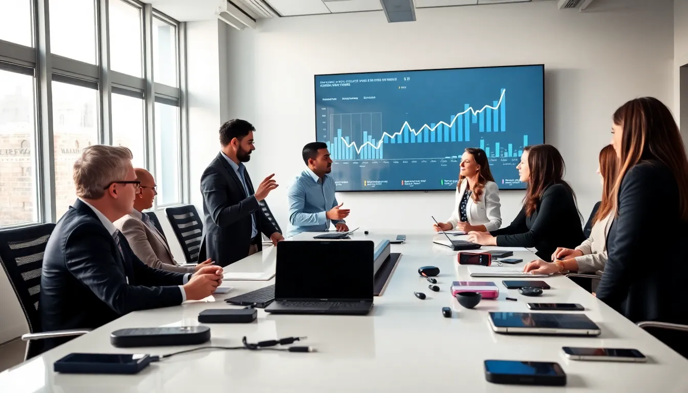 diverse team brainstorming in a modern conference room.