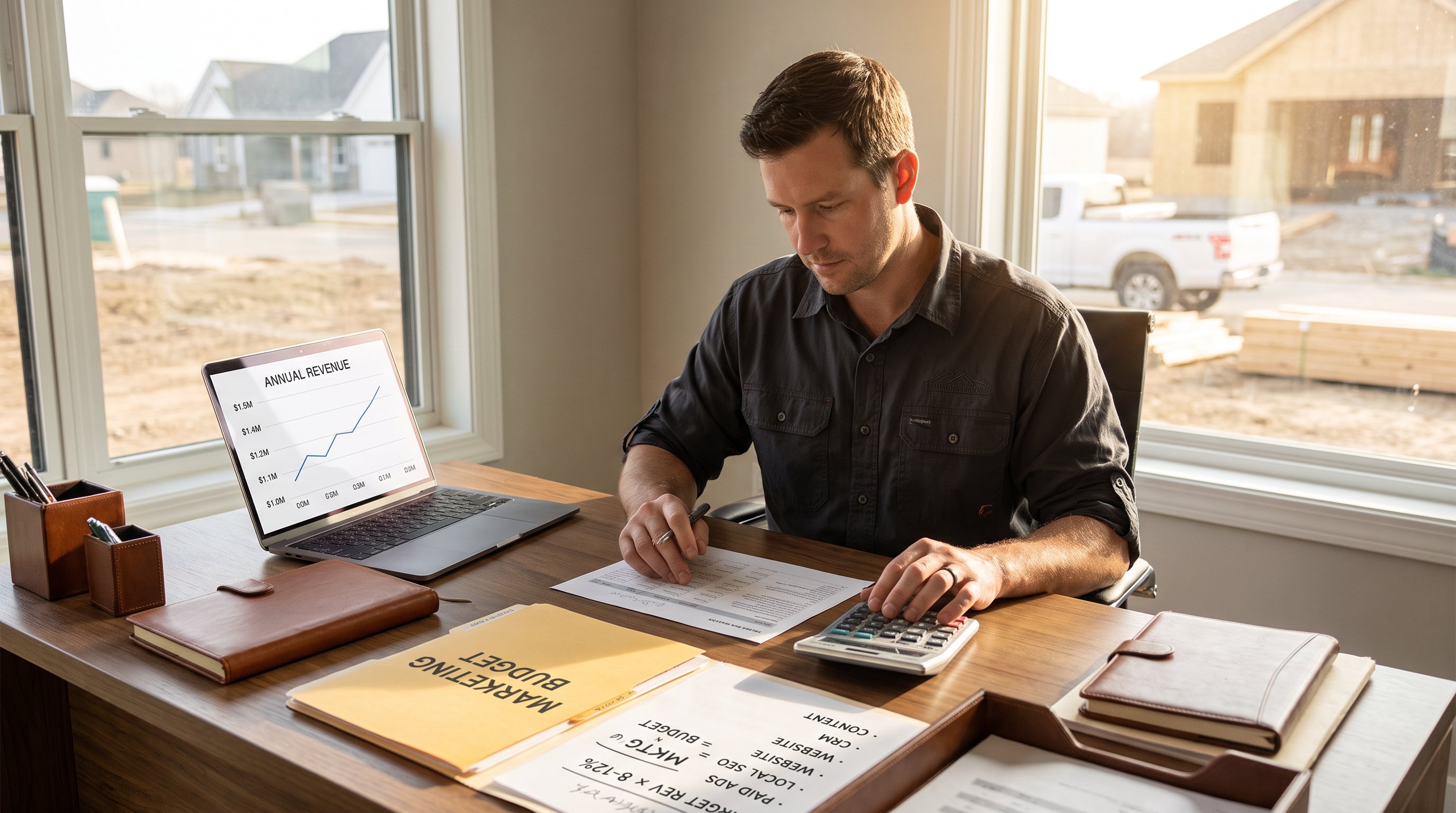 Contractor reviewing a revenue-based marketing budget beside an upward growth chart