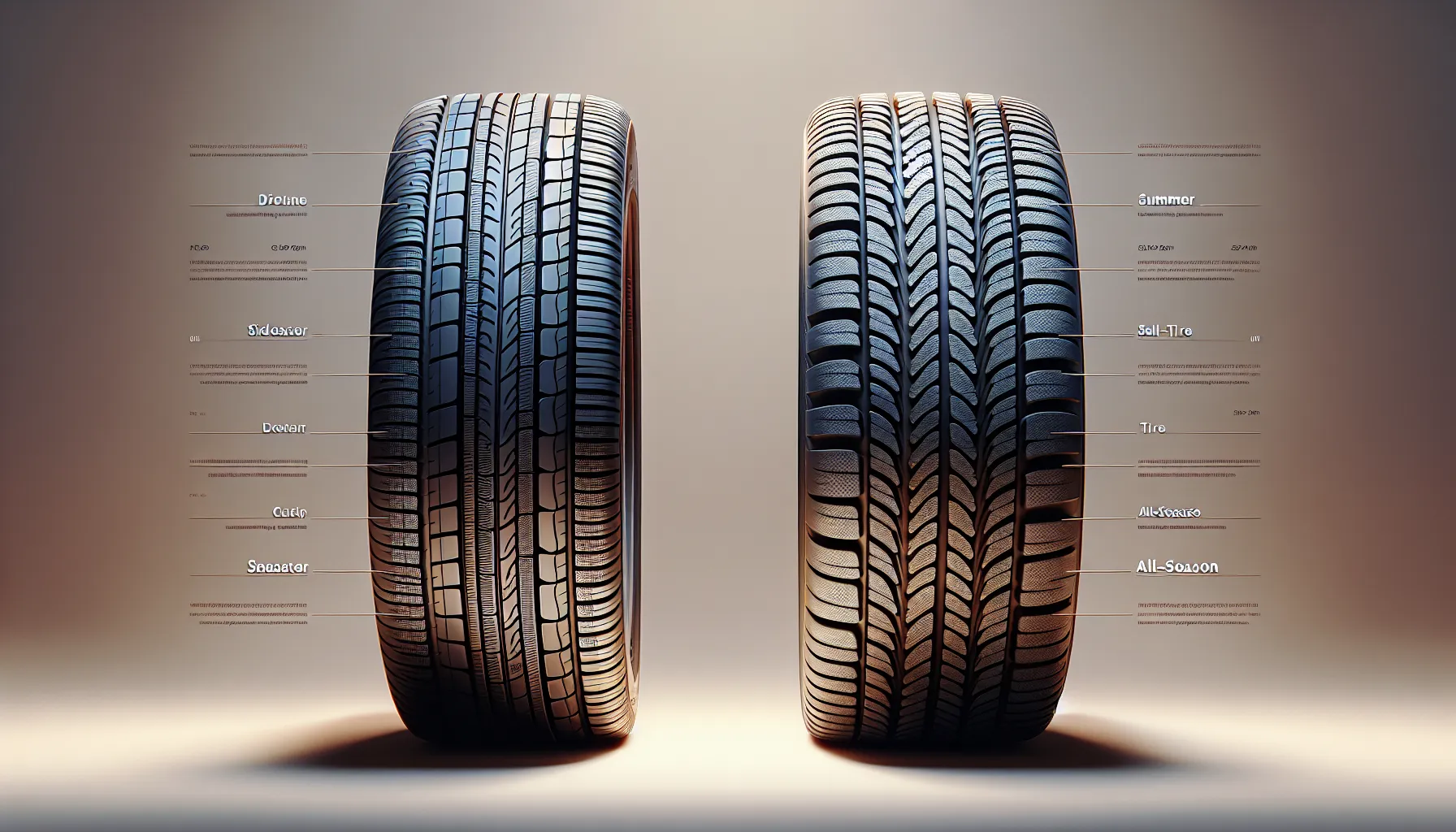 Close-up of summer and all-season tires highlighting their tread differences.