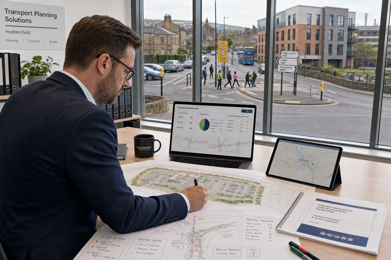 Traffic engineer reviewing development transport plans in a modern Huddersfield office.