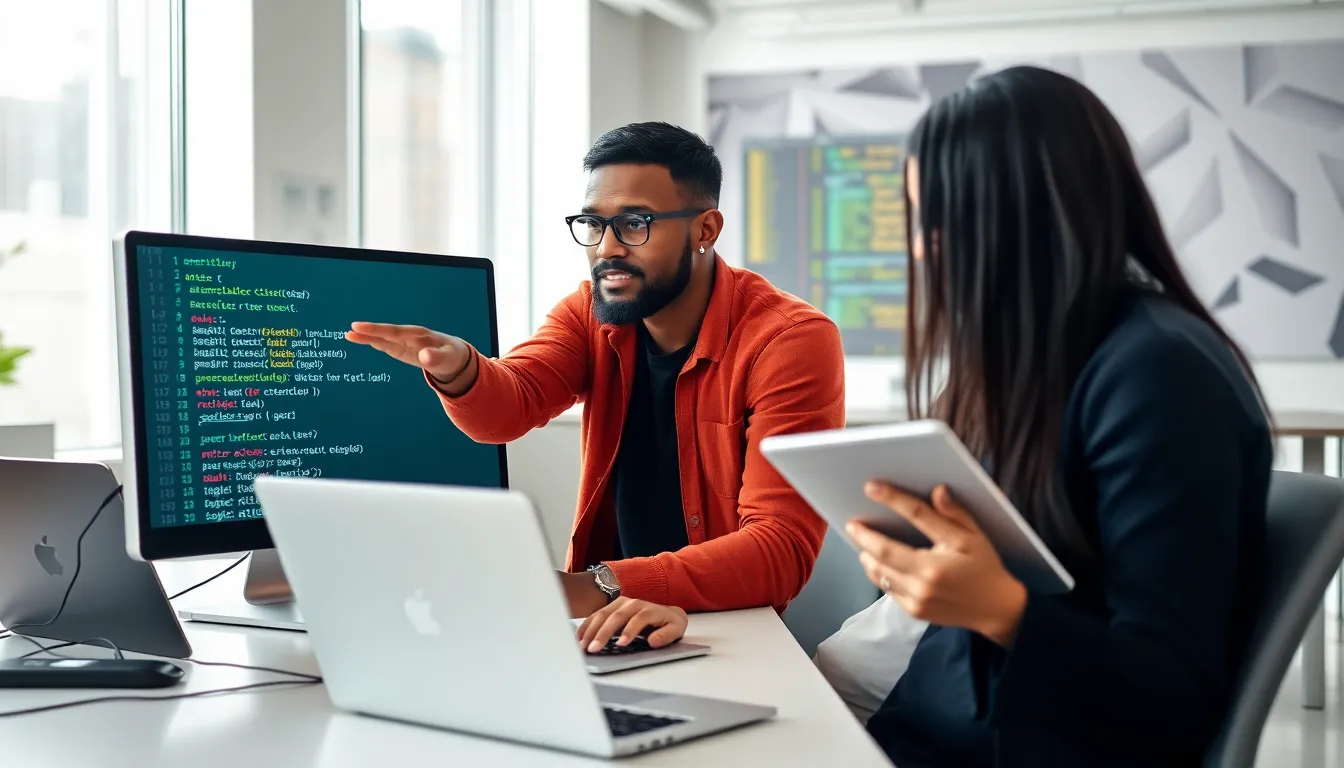 team of developers discussing JavaScript's findIndex method in an office.