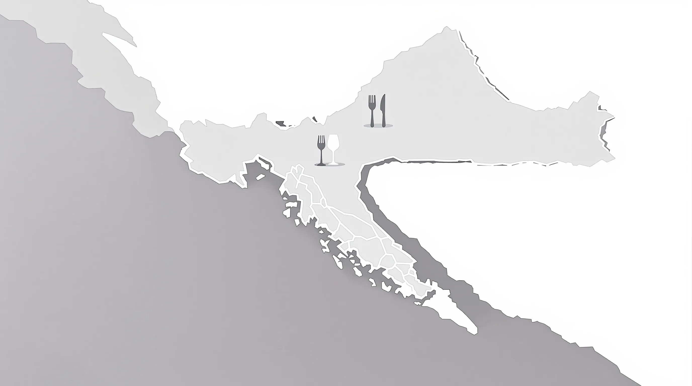 Simplified Croatia map divided into three regions with minimal food and drink icons.