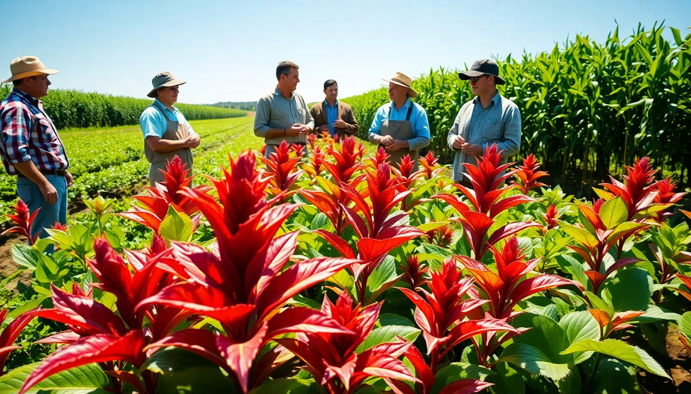 farmers examining vibrant redlaylla plants in a sunlit field.