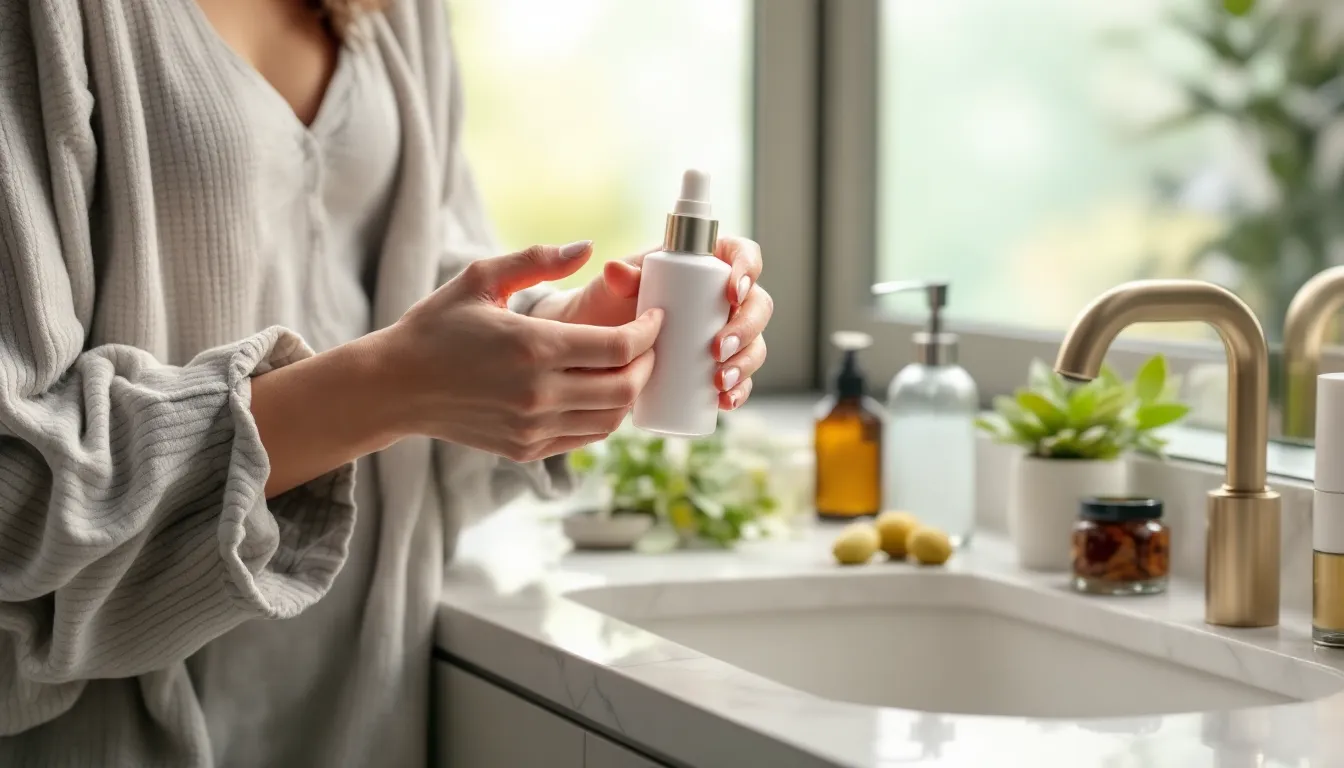 Hands reading a skincare bottle's ingredient list beside natural raw ingredients on a countertop.