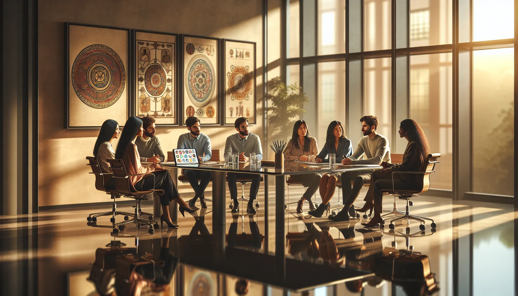 diverse group discussing cultural concepts in a modern, bright office.