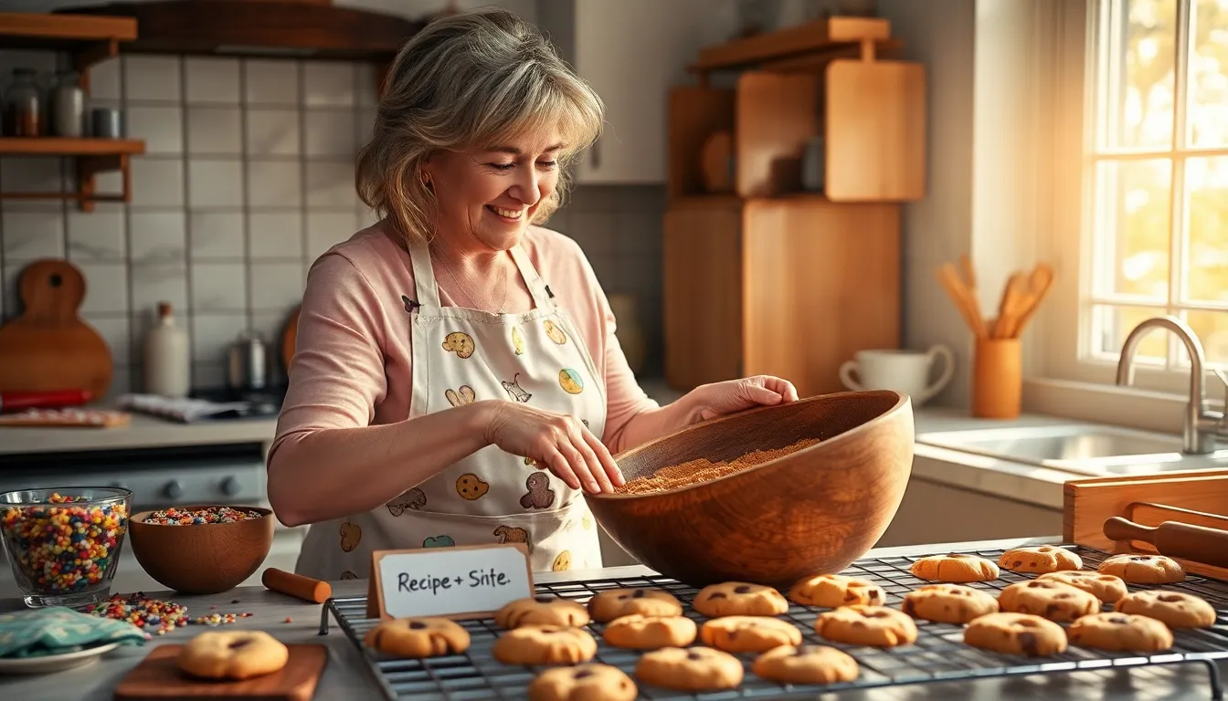 a woman bake cookies in a warm, inviting kitchen, surrounded by ingredients.